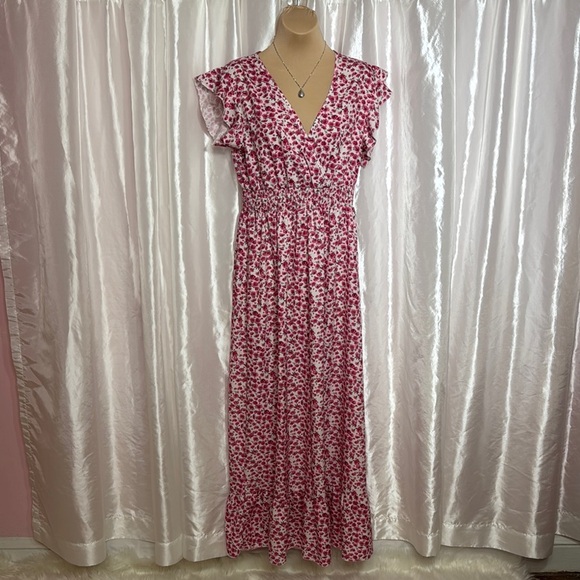 SHEIN Pink Floral Maxi Dress with Flutter Sleeves – Size L - Picture 1 of 6